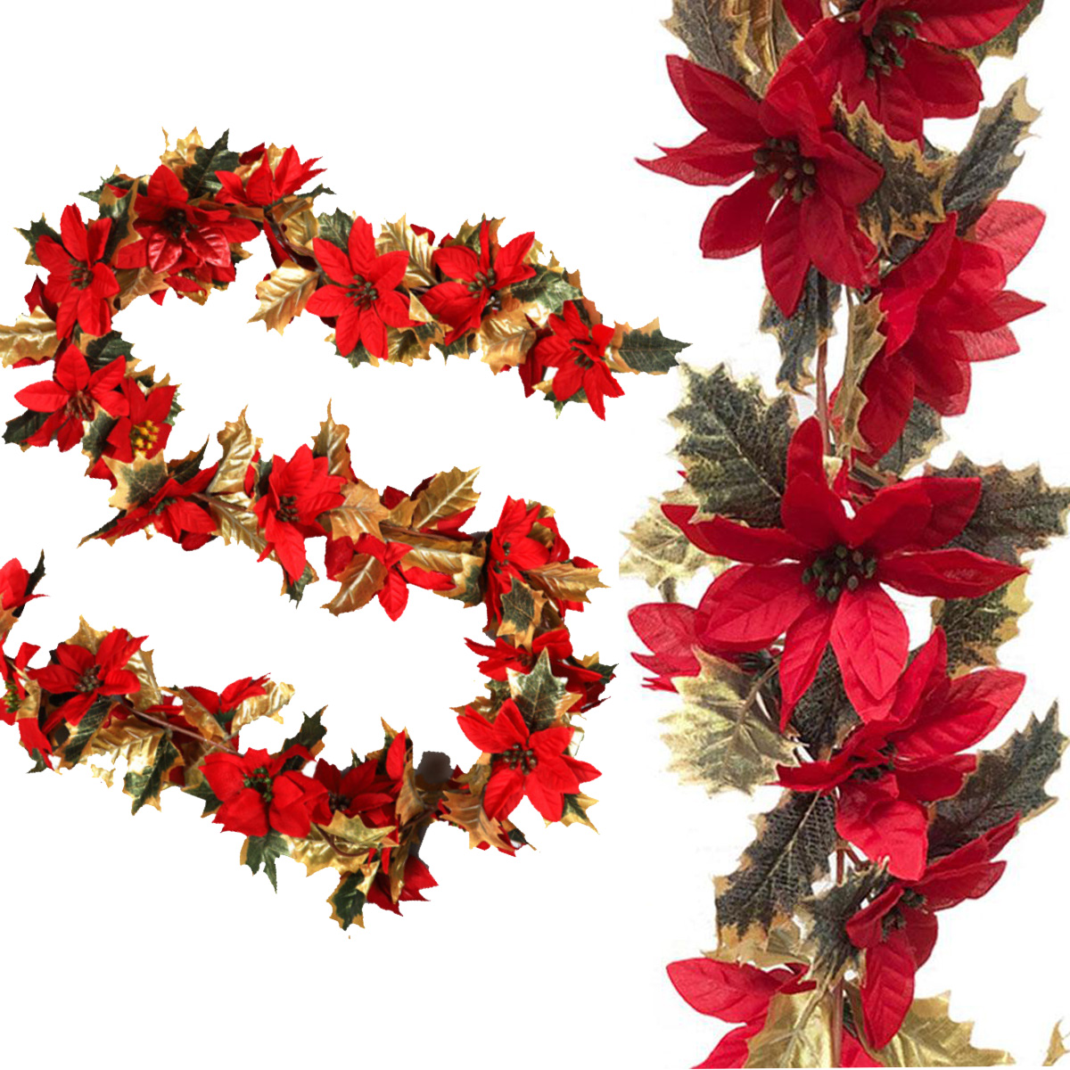 Visland Christmas Poinsettia Garland Artificial Christmas Flowers Decorations with Holly Leaves Chain and Red Berries for Christmas Party Holiday Indoor and Outdoor Wreath Decor
